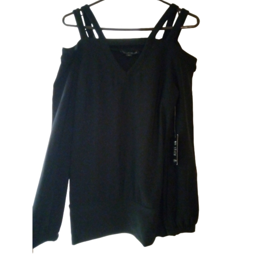 Boston Proper Open Shoulder Elegant Classy Business Casual LS Solid Black Top S